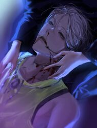 1boy 1girl alien_stage black_sleeves blood blood_from_mouth blood_on_neck choker commentary green_tank_top grey_choker grey_hair headset highres houtarorui long_sleeves male_focus microphone mizi_(alien_stage) nosebleed parted_lips short_hair signature solo_focus tank_top till_(alien_stage)