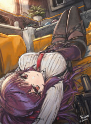 1girl black_hair black_thighhighs bullpup framed_breasts girls&#039;_frontline girls&#039;_frontline_2:_exilium gun half_updo highres lying makiatto_(girls&#039;_frontline_2) necktie on_back persocon93 red_eyes red_necktie rifle shirt sniper_rifle solo striped_clothes striped_shirt thigh_strap thighhighs vertical-striped_clothes vertical-striped_shirt wa2000_(girls&#039;_frontline) walther walther_wa_2000 weapon white_shirt