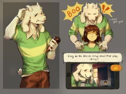 ! !! 1boy 1other absurdres asriel_dreemurr brown_hair brown_pants closed_eyes closed_mouth commentary deltarune english_commentary english_text fang floppy_ears food furry furry_male goat_horns goat_tail green_shirt grin hand_on_own_head highres holding holding_food holding_ice_cream horns ice_cream kleo_iv kris_(deltarune) looking_at_another looking_at_viewer multiple_views pants shirt smile speech_bubble spoken_exclamation_mark striped_clothes striped_shirt thumbs_up video_call white_fur