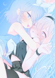 Rule 34 | 2girls, absurdres, arona (blue archive), black hairband, black shirt, black skirt, black thighhighs, blue archive, blue eyes, blue hair, blue shirt, breasts, commentary request, cropped shirt, hairband, halo, heart, heart halo, highres, long hair, miniskirt, multiple girls, navel, open mouth, parted lips, plana (blue archive), red halo, sharp to sharp, shirt, short hair, skirt, sleeveless, sleeveless shirt, small breasts, teeth, thighhighs, upper teeth only, white hair, white skirt, yuri