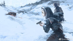 1girl 2boys backpack bag bianca_(pgr) black_robe blonde_hair blood blood_on_clothes blood_on_face blood_on_hands blood_on_snow bloody_weapon body_armor brown_bag brown_hair chinese_commentary commentary corpse crying crying_with_eyes_open cuts death finger_on_trigger grass gun gunshot_wound habit hair_between_eyes half_updo handgun highres holding holding_gun holding_weapon injury long_hair medium_hair military_uniform mountain mountainous_horizon multiple_boys official_art official_wallpaper outdoors pine_tree punishing:_gray_raven robe shoulder_pads snow soldier spoilers streaming_tears tears torn_clothes torn_robe torn_veil tree veil watanabe_(pgr) weapon wisda