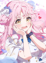 1girl :o absurdres balloon blue_archive blush breasts capelet commentary_request dress falling_petals hair_bun halo hands_on_own_cheeks hands_on_own_face heart highres looking_at_viewer medium_breasts mika_(blue_archive) petals pink_hair scrunchie single_side_bun solo upper_body white_capelet white_dress wrist_scrunchie yellow_eyes yu_wo
