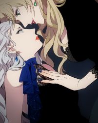2girls bad_id bad_pixiv_id bare_shoulders blonde_hair blue_eyes blue_nails breasts curacao curacao_(meitantei_conan) earrings eye_contact formal_clothes from_side hand_on_another&#039;s_chest highres jewelry lace lace-trimmed_sleeves lace_trim long_hair looking_at_another looking_down looking_up makeup meitantei_conan multiple_girls nail_polish parted_lips profile red_lips grey_eyes silver_hair sleeveless upper_body vermouth_(meitantei_conan) wavy_hair yukin_(es) yuri