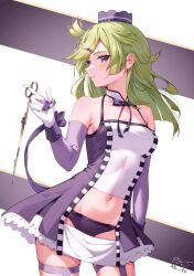Rule 34 | 1girl, 2 ru, absurdres, aki mabayu, black panties, detached collar, detached sleeves, gloves, green hair, highres, kishimen hair, looking at viewer, magia record: mahou shoujo madoka magica gaiden, magical girl, mahou shoujo madoka magica, miniskirt, navel, panties, purple eyes, skirt, solo, underwear, white gloves