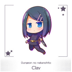 1girl belt_pouch blue_eyes blush blush_stickers character_name chibi clay_(dungeon_people) closed_mouth copyright_name dagger dungeon_people eyebrows_hidden_by_hair flat_chest full_body grey_hair hair_ornament hairclip holding holding_dagger holding_knife holding_weapon knife looking_at_viewer medium_hair pants pouch purple_footwear purple_pants purple_shirt shirt simple_background solo sparkle standing standing_on_one_leg suntail weapon white_background