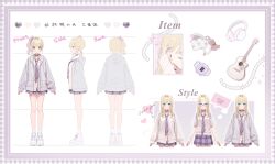 1girl absurdres blonde_hair full_body green_eyes grey_jacket highres hood hood_down hooded_jacket jacket kurumi_noah long_sleeves looking_at_viewer magako medium_hair multiple_views necktie official_art open_clothes open_jacket purple_hair reference_sheet school_uniform shirt shoes side_ponytail skirt socks standing virtual_youtuber vspo! white_shirt white_shoes white_socks