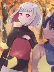 2girls absurdres autumn autumn_leaves black_sweater blue_eyes blue_hair blue_shirt blurry blurry_foreground bob_cut brown_cardigan camisole camisole_over_clothes cardigan collared_shirt colored_inner_hair dark_blue_hair day depth_of_field diagonal_bangs dollchestra falling_leaves grey_hair hair_ornament highres inverted_bob leaf link!_like!_love_live! long_hair long_sleeves looking_to_the_side love_live! low_twintails miyaco_(shirataki_168) multicolored_hair multiple_girls murano_sayaka open_cardigan open_clothes parted_lips pink_eyes profile red_camisole red_hair shirt short_hair solo_focus star_(symbol) star_hair_ornament streaked_hair sweater tree turning_head twintails upper_body virtual_youtuber watermark yugiri_tsuzuri