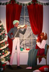 Rule 34 | 1girl, alternate skin color, brown hair, buttercream9627, christmas, christmas tree, closed eyes, cocoa cookie, cookie run, cookie run: kingdom, dress, full body, green hair, highres, holding, holding instrument, holding violin, humanization, instrument, long hair, mint choco cookie, smile, violin, window