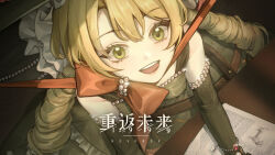 1girl :d bare_shoulders blonde_hair book bow chin_strap copyright_name dress drill_hair elbow_gloves from_above gloves green_dress green_eyes green_gloves hands_on_table logo long_hair looking_at_viewer looking_up low_twintails official_art open_book open_mouth orange_bow reverse:1999 sleeveless sleeveless_dress smile solo sotheby teeth twin_drills twintails upper_body upper_teeth_only