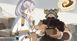 1boy 1girl beard bowl capelet dungeon_meshi dwarf earrings elf facial_hair fake_horns floating_earring frieren green_eyes helmet holding holding_bowl horns jewelry long_beard long_hair long_sleeves looking_at_another mustache nyoro_(nyoronyoro000) pointy_ears senshi_(dungeon_meshi) solo sousou_no_frieren teardrop_earrings twintails white_capelet white_hair