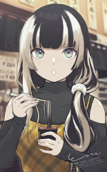 1girl :o bare_shoulders black_hair blonde_hair blue_eyes blunt_bangs chopsticks clothing_cutout commentary_request cup dress eating food hair_over_shoulder highres hime_cut holding holding_cup hololive izakaya juufuutei_raden long_hair long_sleeves looking_at_viewer low_ponytail multicolored_hair noodles open_mouth plaid_clothes plaid_dress ponytail regloss_(hololive) shoulder_cutout signature soba solo straight-on streaked_hair tono51044448 turtleneck turtleneck_dress two-tone_hair upper_body virtual_youtuber watermark