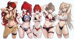 Rule 34 | 5girls, ;d, abs, absurdres, akechi (akechi 5416), ange katrina, arm behind head, arm strap, armpits, belt, belt buckle, bikini, black bikini, black eyes, blue eyes, blush, bra, breasts, brown hair, buckle, choker, cleavage, cleavage cutout, closed mouth, clothing cutout, collarbone, commentary request, cowboy shot, cropped legs, dola (nijisanji), double bikini, dragon girl, dragon horns, facing viewer, flat chest, frilled bikini, frills, front-tie bikini top, front-tie top, furen e lustario, grin, groin, hair between eyes, hair intakes, hair over one eye, halterneck, hand on own hip, hand on own thigh, head tilt, high ponytail, highres, horns, jewelry, lain paterson, large breasts, light brown hair, linea alba, long bangs, long hair, long hair between eyes, looking at viewer, lower teeth only, medium breasts, multi-strapped bikini bottom, multicolored bikini, multiple girls, muscular, muscular female, navel, necklace, nijisanji, nui sociere, o-ring, o-ring choker, o-ring thigh strap, one eye closed, open mouth, parted lips, ponytail, red bikini, red eyes, red hair, red horns, sarong, short hair, side-tie bikini bottom, sideways glance, simple background, smile, sports bikini, strap lift, sweat, swimsuit, teeth, thigh belt, thigh strap, two-tone bikini, underwear, upper teeth only, v, v over eye, very long hair, virtual youtuber, white background, white bra, yellow bikini, yellow eyes, yellow sarong