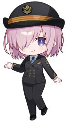 Rule 34 | artist request, black hat, black jacket, black pants, black shoes, black suit, chibi, chibi only, collared shirt, fate/grand order, fate (series), formal clothes, full body, gloves, hair over one eye, hat, jacket, long sleeves, looking at viewer, mash kyrielight, necktie, official art, pants, pink hair, promotional art, purple eyes, second-party source, shirt, shoes, short hair, smile, solo, standing, standing on one leg, suit, train conductor, transparent background, white gloves, white shirt