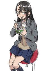 1girl 774_(nanashi) black_hair blue_skirt bowl brown_eyes brown_sweater chair chopsticks closed_mouth collared_shirt commentary_request food grey_jacket highres holding holding_bowl holding_chopsticks ijiranaide_nagatoro-san jacket long_hair long_sleeves looking_at_viewer nagatoro_hayase noodles official_art school_uniform shirt simple_background sitting skirt smile solo sweater tan white_background white_shirt