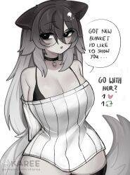 Rule 34 | 1girl, absurdres, animal ear fluff, animal ears, arms behind back, bare shoulders, black bra, black choker, black eyes, blush, bone hair ornament, bra, breasts, bright pupils, choker, cleavage, commentary, cowboy shot, english commentary, english text, gradient hair, grey hair, hair between eyes, hair ornament, heart, heart-shaped pupils, highres, large breasts, long hair, looking at viewer, multicolored hair, off-shoulder sweater, off shoulder, okariin, open mouth, original, patreon username, ribbed sweater, simple background, skull hair ornament, solo, speech bubble, sweater, symbol-shaped pupils, tail, talking, thick thighs, thighs, twitter strip game, underwear, white background, white pupils, white sweater, wolf ears, wolf girl, wolf tail