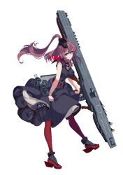 Rule 34 | 1girl, belt, blue eyes, breasts, brown hair, cazanera, dress, full body, headgear, high heels, kantai collection, long hair, medium breasts, pantyhose, red pantyhose, saratoga (kancolle), simple background, sleeveless, sleeveless dress, solo, white background