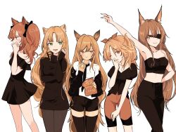 5girls alternate_costume angelina_(ambience_synesthesia_2021)_(arknights) angelina_(arknights) animal_ears arknights arm_behind_back bare_shoulders black_bow black_dress black_jacket black_necktie black_pants black_pantyhose black_shirt black_shorts black_thighhighs bow brown_hair ceobe_(arknights) chewing collarbone collared_shirt color_connection commentary crop_top dog_ears double-parted_bangs dress drill_hair drill_sidelocks eating english_commentary eyepatch fox_ears franka_(arknights) from_side gupipy hair_bow hair_intakes hand_on_own_face hand_up highres jacket long_hair midriff multiple_girls necktie off-shoulder_dress off_shoulder official_alternate_costume one_eye_closed open_clothes open_jacket orange_eyes orange_hair orange_shorts pants pantyhose pinecone_(arknights) puffy_short_sleeves puffy_sleeves red_bow red_eyes shirt short_sleeves shorts sidelocks simple_background sleeves_past_wrists smile strapless strapless_shirt swire_(arknights) thighhighs tiger_ears turtleneck turtleneck_dress twintails very_long_hair white_background white_shirt zettai_ryouiki