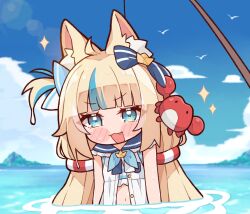 1girl ahoge animal_ear_fluff animal_ears blonde_hair blue_eyes blue_hair blue_sky blush cat_ears cloud dress fang fishing_rod highres indie_virtual_youtuber kukie-nyan long_hair looking_at_viewer low_twintails multicolored_hair one_side_up sameko_saba sky sleeveless sleeveless_dress streaked_hair twintails very_long_hair virtual_youtuber water white_dress