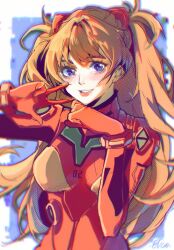1girl blue_background blue_eyes blush bodysuit border breasts clenched_hand commentary elicooc eyelashes hair_intakes highres interface_headset_(evangelion) long_hair looking_at_viewer mecha_pilot_suit medium_breasts neon_genesis_evangelion orange_hair parted_lips plugsuit_(evangelion) red_bodysuit red_lips smile solo souryuu_asuka_langley two_side_up upper_body w white_border