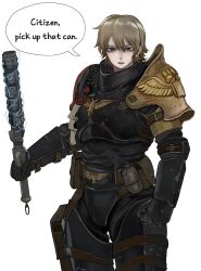 1girl absurdres adeptus_arbites arm_at_side arm_up armor belt belt_pouch black_armor black_gloves black_shirt blonde_hair cowboy_shot electricity english_text explosive gloves grenade grey_eyes half-life half-life_(series) half-life_2 highres holding holding_mace holding_weapon kkghost_tv looking_at_viewer mace open_mouth original pauldrons pouch purity_seal shirt short_hair shoulder_armor single_pauldron speech_bubble teeth thigh_armor vambraces warhammer_40k weapon