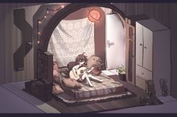 1girl acoustic_guitar ahoge amplifier bed sophie_(popopoka) blush brown_hair cabinet closed_eyes closed_mouth commentary english_commentary fukouna_shoujo_03 guitar highres holding holding_instrument instrument medium_hair meme music on_bed original parody pillow playing_instrument popopoka sitting smile socks solo white_socks