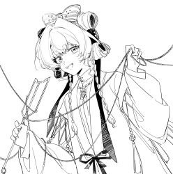 1girl :d absurdres braid chinese_clothes greyscale hair_ribbon hand_fan hands_up hanfu highres holding holding_fan holding_string looking_at_viewer low_twin_braids monochrome official_alternate_costume open_mouth reverse:1999 ribbon shuangyaji smile solo sotheby sotheby_(the_red_thread_of_fate) string tuanshan twin_braids upper_body walluka white_background
