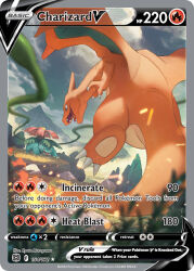 animal_focus artist_name blue_eyes card_(medium) character_name charizard claws cloud cloudy_sky company_name copyright_name copyright_notice dragon embers english_text fangs fire flame-tipped_tail flower flying gen_1_pokemon grass mountainous_horizon murayama_ryota nintendo no_humans official_art open_mouth outdoors plant pokemon pokemon_(creature) pokemon_card pokemon_focus pokemon_tcg red_eyes red_flower rock sharp_teeth sky tail teeth third-party_source trading_card tree venusaur vines