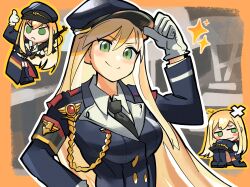adjusting_clothes adjusting_headwear armband assault_rifle belt blonde_hair boots chesed_(uporyz) chibi commission commissioner_upload girls&#039;_frontline gloves green_eyes gun hand_on_own_hip hat highres looking_at_viewer military_hat military_uniform necktie rifle shirt skeb_commission smile stg44 stg44_(girls&#039;_frontline) thumbs_up weapon white_gloves white_shirt