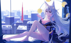 1girl absurdres animal_ears azur_lane blue_eyes blue_kimono breasts city closed_mouth hand_up highres japanese_clothes kimono large_breasts long_hair shinano_(azur_lane) sitting solo thighhighs white_hair white_thighhighs window xiao_feifei