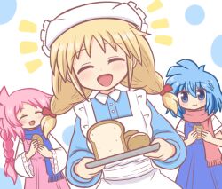 3girls :d ^_^ apron blonde_hair blue_dress blue_eyes blue_hair blue_scarf blush bow braid bread closed_eyes dress eating food frills hair_bobbles hair_bow hair_ornament holding holding_food holding_tray long_hair long_sleeves multiple_girls open_mouth original pink_hair pink_scarf reverse_(bluefencer) scarf shirt short_hair short_sleeves smile tray twin_braids twintails white_apron white_background wide_sleeves