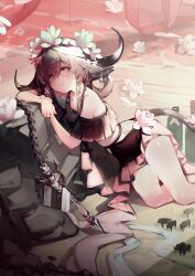 Rule 34 | 1girl, alternate costume, animal ears, arknights, beach, bikini, black bikini, brown hair, cow ears, cow girl, cow horns, cow tail, flower, grey eyes, hair flower, hair ornament, highres, horns, looking at viewer, official style, pallas (arknights), ribiadan, sand, short hair, solo, swimsuit, tail, water, white flower