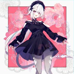 1girl au_ra black_dress dragon_girl dragon_horns dragon_tail dress final_fantasy final_fantasy_xiv highres horns long_hair looking_at_viewer maid_headdress motsuni_(lxxe1120) off_shoulder open_mouth red_eyes solo tail warrior_of_light_(ff14) white_hair