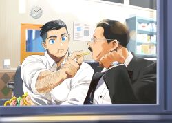 Rule 34 | 2boys, bara, billy russell (dickfish), blue eyes, cheek bulge, couple, dickfish (fishismdick), eating, facial hair, fast food, feeding, food, formal clothes, french fries, glasses, hairy, highres, john rottweil (dickfish), large pectorals, loose hair strand, male focus, mature male, multiple boys, muscular, muscular male, mustache, object focus, original, pectorals, photo (object), short hair, sideburns stubble, stubble, suit, thick eyebrows, undercut, upper body, yaoi