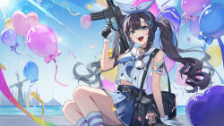 1girl bag balloon bare_shoulders belt black_choker black_hair blue_eyes blue_neckerchief blue_skirt choker commentary day duffel_bag english_commentary gun hair_ribbon hand_up highres holding holding_gun holding_weapon kneehighs kurimui2 long_hair looking_at_viewer midriff_peek neckerchief open_mouth original outdoors pleated_skirt ribbon sailor_collar school_uniform serafuku sharp_teeth shirt shirt_overhang sitting skirt sleeveless sleeveless_shirt smile socks solo striped_clothes striped_socks sunlight teeth trigger_discipline twintails weapon white_sailor_collar white_shirt