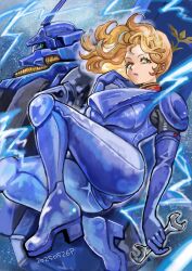 1girl absurdres bell breasts char&#039;s_counterattack cleavage commentary dated geara_doga geara_doga_(rezin_schnyder_custom) gundam high_heels highres holding holding_wrench looking_at_viewer mecha mecha_pilot_suit medium_hair mobile_suit neo_zeon normal_suit_(gundam) okrdisk2000 orange_eyes orange_hair rezin_schnyder robot science_fiction sitting solo wrench