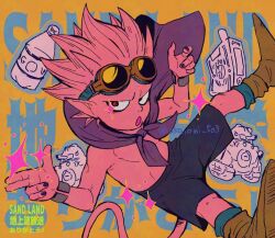 1boy akaioni_503 beelzebub_(sand_land) black_shorts bottle colored_skin copyright_name finger_gun full_body male_focus military_vehicle motor_vehicle no_eyebrows pink_hair pink_skin red_eyes sand_land short_hair shorts solo spiked_hair tank topless_male
