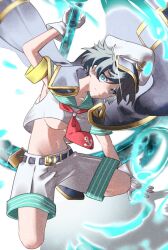 1girl adapted_costume anchor anchor_symbol aqua_eyes belt belt_buckle black_belt black_coat black_hair breasts bubble buckle coat coat_on_shoulders crop_top full_body gloves gold gold_trim gradient_background hat ladle midriff murasa_minamitsu navel necktie red_necktie sailor_hat shirt short_hair shorts sleeveless sleeveless_shirt solo squatting takenoko_(takenoko26_24) touhou underboob water white_gloves white_hat white_shirt white_shorts