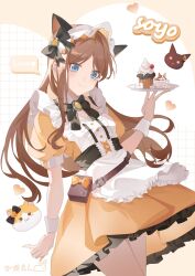 1girl animal_ears apron bang_dream! bang_dream!_it&#039;s_mygo!!!!! black_bow black_bowtie bow bowtie brown_hair cake cat_ears character_name chinese_commentary commentary_request cum dress fake_animal_ears food hair_bow heart holding holding_tray long_hair looking_at_viewer maid nagasaki_soyo short_sleeves sidelocks solo tray white_apron white_wrist_cuffs wrist_cuffs yellow_brooch yellow_dress yinranluo