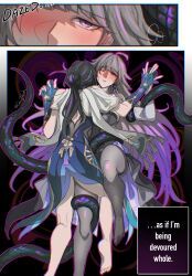 Rule 34 | 2girls, absurdres, ahoge, ass, barefoot, black hair, blue dress, capelet, cesar zebrah, commentary, dress, english commentary, foot out of frame, grey pantyhose, herta (honkai: star rail), highres, honkai: star rail, honkai (series), multiple girls, no headwear, one eye closed, pantyhose, purple eyes, restrained, ruan mei (honkai: star rail), snake, the herta (honkai: star rail), white capelet, yuri
