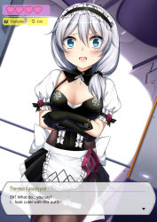 1girl alternate_costume apron black_dress black_gloves blue_eyes cosplay detached_collar dress english_text enmaided female_focus frilled_apron frills gloves hair_between_eyes hair_over_shoulder heads-up_display highres honkai_(series) honkai_impact_3rd low_ponytail maid maid_apron maid_headdress pantyhose ponytail puffy_short_sleeves puffy_sleeves rita_rossweisse rita_rossweisse_(cosplay) rita_rossweisse_(umbral_rose) rita_rossweisse_(umbral_rose)_(cosplay) sheita short_dress short_sleeves shrug_(clothing) sidelocks silver_hair solo theresa_apocalypse user_interface waist_apron white_apron