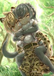 10s 2girls :t animal_ears belt blonde_hair blush carrying center_frills cheek-to-cheek commentary_request elbow_gloves closed_eyes fingerless_gloves frilled_swimsuit frills fur_collar gloves green_eyes grey_hair heads_together high-waist_skirt highres jaguar_(kemono_friends) jaguar_ears leopard_print jaguar_tail kemono_friends multicolored_hair multiple_girls okyao one-piece_swimsuit one_eye_closed otter_ears otter_tail piggyback short_hair short_sleeves skirt small-clawed_otter_(kemono_friends) swimsuit tail thighhighs toeless_legwear white_hair zettai_ryouiki