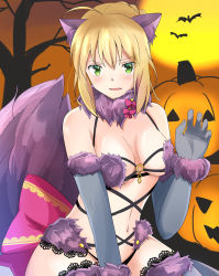 1girl ahoge animal_ears arm_up artoria_pendragon_(fate) belt bikini blonde_hair braid breasts cosplay elbow_gloves eyebrows_hidden_by_hair fake_animal_ears fake_tail fate/grand_order fate_(series) gloves green_eyes halloween halloween_costume highres looking_at_viewer mash_kyrielight mash_kyrielight_(dangerous_beast) mash_kyrielight_(dangerous_beast)_(cosplay) official_alternate_costume open_mouth pumpkin saber_(fate) sii_artatm sitting solo swimsuit tail underwear