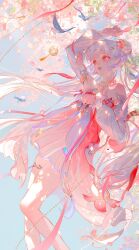 1girl absurdres arm_up bare_legs bare_shoulders bird blue_bird chinese_commentary commentary_request detached_sleeves dress flower hair_flower hair_ornament highres jewelry jinhsi_(peach_blossom)_(wuthering_waves) jinhsi_(wuthering_waves) legs long_hair looking_ahead necklace official_alternate_costume parted_lips pink_dress pink_eyes pink_flower solo very_long_hair white_hair white_sleeves wuthering_waves yangming_li_wan_dianfen_chang