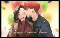 1boy 1girl artist_name balloon black_border black_hair black_shirt blue_jacket blurry blurry_background blush boku_no_hero_academia border brown_jacket burn_scar chocorut closed_eyes commentary earrings english_commentary hair_intakes happy_birthday hetero jacket jacket_on_shoulders jewelry kiss kissing_cheek long_hair long_sleeves open_clothes open_jacket open_mouth pendant red_hair red_shirt scar shirt short_hair smile todoroki_shouto yaoyorozu_momo