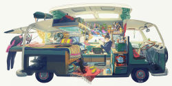 1girl animal black_cat black_hair blanket board book bottle bowl box cable car_interior carpet cat closed_umbrella coffee_maker commentary_request couch crocs cup curtains diving_suit drawing_(action) earrings folding_bicycle fox_mask glasses hair_bun hat headphones headphones_removed highres hood hoodie jar jewelry kerosene_lamp kettle long_sleeves mask microwave monitor motor_vehicle motorhome mug no_shoes original pet_bowl pillow plant poten potted_plant profile recreational_vehicle shelf single_hair_bun sitting sketchbook snorkel socks stove string_of_light_bulbs suitcase table umbrella volkswagen_type_2 wind_chime yawning