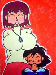 1boy 1girl age_difference ash_ketchum black_hair blush breasts brown_hair closed_eyes janet_(pokemon) jewelry large_breasts lying_on_lap nintendo pendant pokemon pokemon_(anime) pokemon_ag013 pokemon_rse_(anime) sweater turtleneck turtleneck_sweater