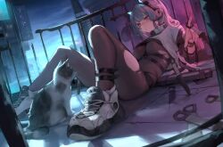 Rule 34 | 1girl, absurdres, animal, animal ears, ankle strap, bodysuit, breasts, brown bodysuit, cat, cleavage, closed mouth, commentary request, commission, crop top, crop top overhang, expressionless, fake animal ears, headphones, highres, knees up, korean commentary, large breasts, leviathan (hikinito0902), long hair, lying, on back, orange eyes, original, outdoors, ponytail, railing, second-party source, see-through cleavage, see-through clothes, shirt, shoes, sneakers, solo, torn bodysuit, torn clothes, white hair, white shirt, white shoes