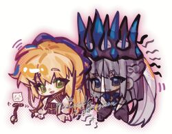 2girls artoria_caster_(fate) artoria_pendragon_(fate) blonde_hair blue_eyes crown fate/grand_order fate_(series) green_eyes hair_between_eyes highres long_hair looking_at_viewer morgan_le_fay_(fate) morgan_le_fay_(queen_of_winter)_(fate) multiple_girls ponytail sakuranull simple_background smile veil white_hair