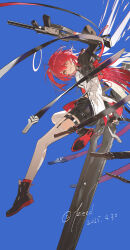 1girl absurdres arknights black_jacket black_shoes black_shorts blush commentary_request cropped_jacket exusiai_(arknights) exusiai_the_new_covenant_(arknights) grin gun hair_between_eyes highres holding holding_gun holding_weapon jacket kieed kriss_vector long_hair red_hair shirt shoes short_shorts shorts sidelocks smile submachine_gun thigh_strap thighhighs weapon white_shirt white_thighhighs yellow_eyes