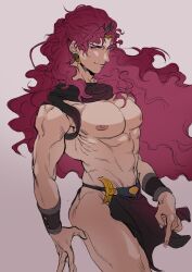 1boy abs adam&#039;s_apple battle_tendency bracer cowboy_shot curly_hair earrings grey_background highres horns jewelry jojo_no_kimyou_na_bouken kars_(jojo) lighthouse_(lt_yummy) loincloth long_hair male_focus muscular muscular_male pectorals pelvic_curtain purple_hair red_eyes revealing_clothes sketch smirk solo topless_male